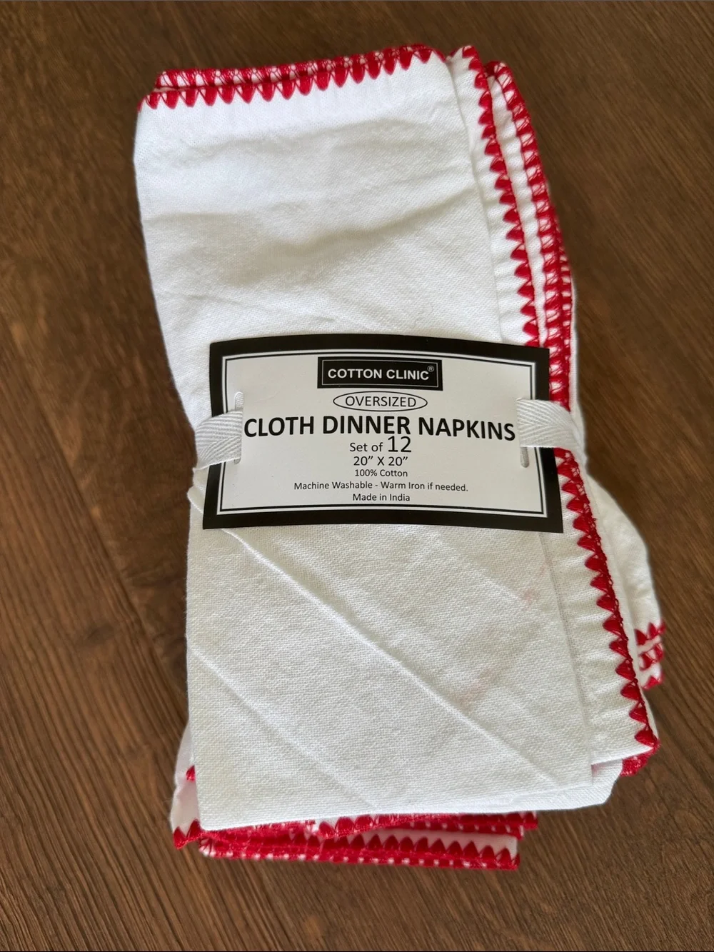 Cotton Clinic White Dinner Napkins with Red Trim - Set of 12